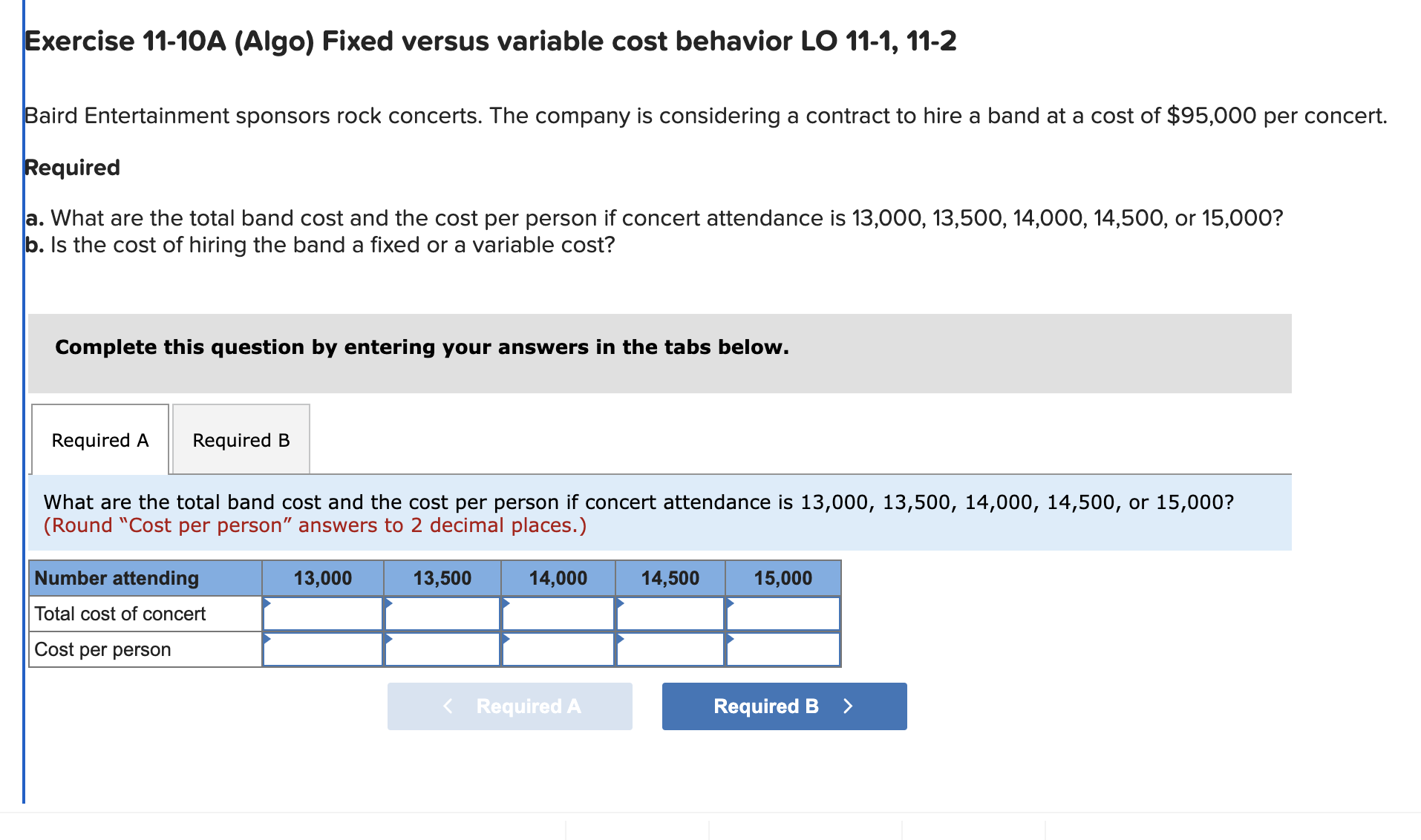 Exercise 11-10A (Algo) Fixed versus variable cost behavior LO 11-1, 11-2