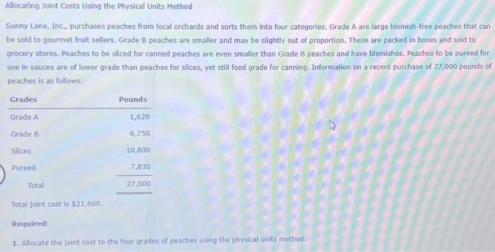  Allocating Joint Costs Using the Physical Units Method Sunny Lane, Inc.,