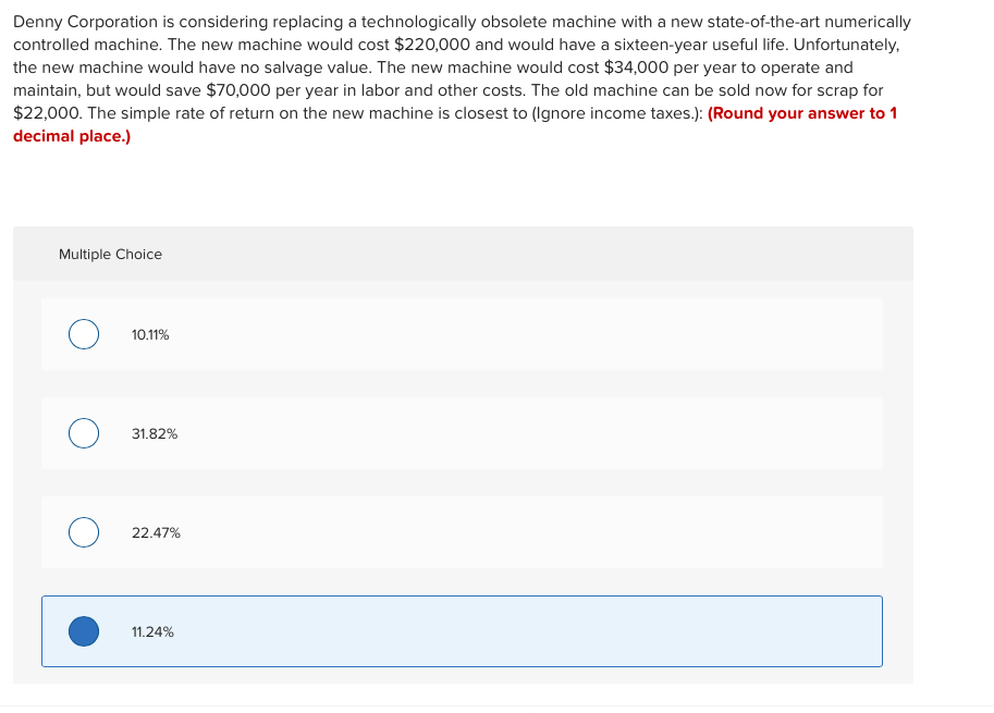  Denny Corporation is considering replacing a technologically obsolete machine with a