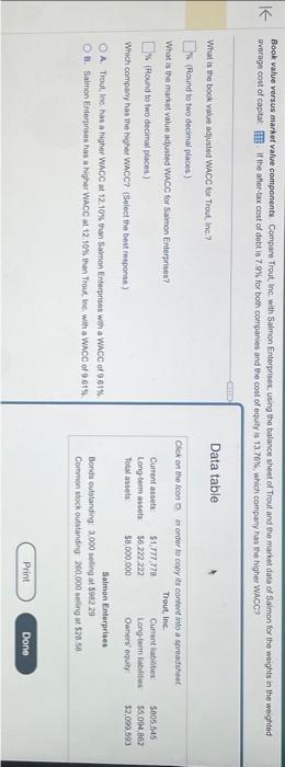  Book value versus markef value components. Compare Trout, ine, with Salmon