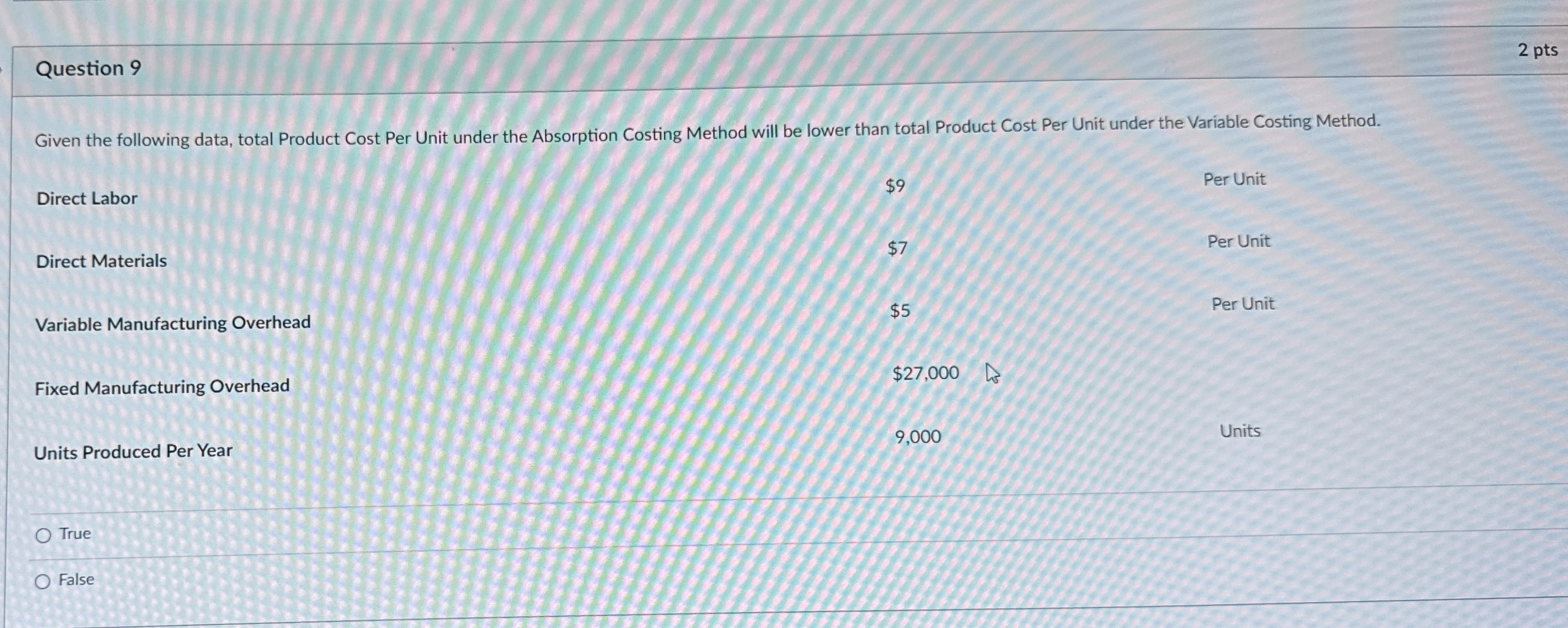  Question 9 2 pts Given the following data, total Product Cost