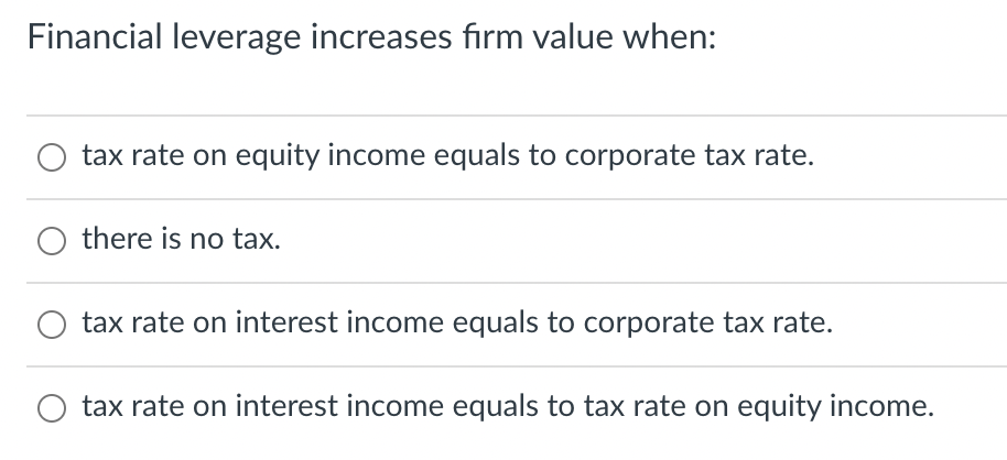Financial leverage increases firm value when: tax rate on equity income