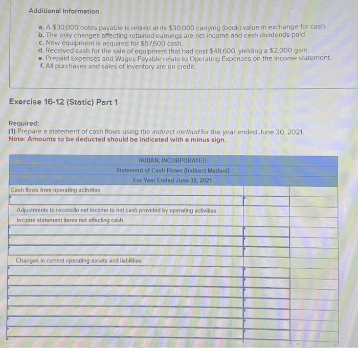 Exercise 16-12 (Static) Indirect: Preparing statement of cash flows LO P2, P3,