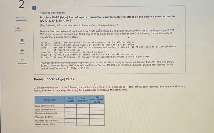 please help Required information Problem 10-2B (Algo) Record equity transactions and indicate