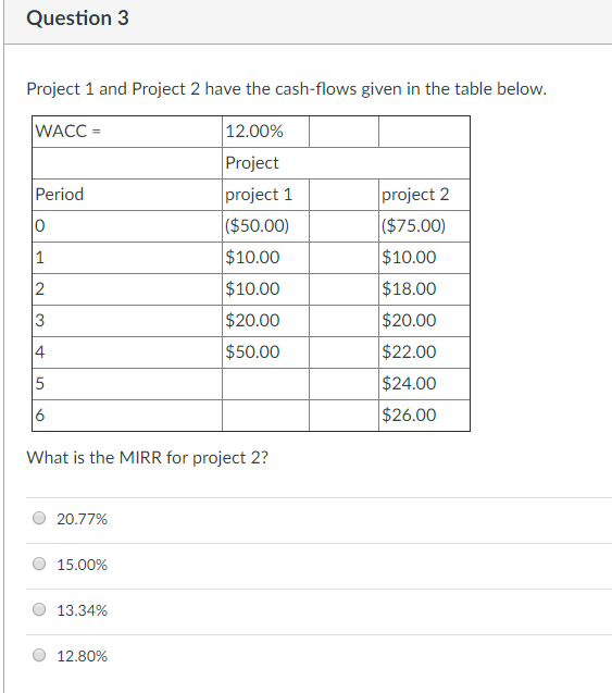  Question 3 Project 1 and Project 2 have the cash-flows given