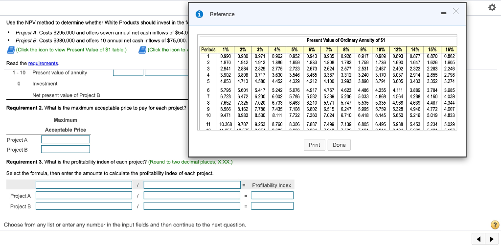 in the following projects: Project A: Costs $295,000 and offers seven annual