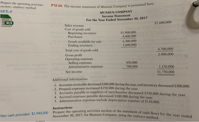  Prepare the operating section-indirect method. activities P12-3A The income statement of