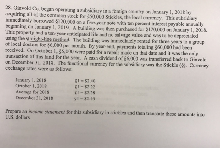  28. Ginvold Co. began operating a subsidiary in a foreign country