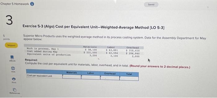  Exercise 5-3 (Algo) Cost per Equivalent Unit-Weighted-Average Method [LO 5-3] Superior
