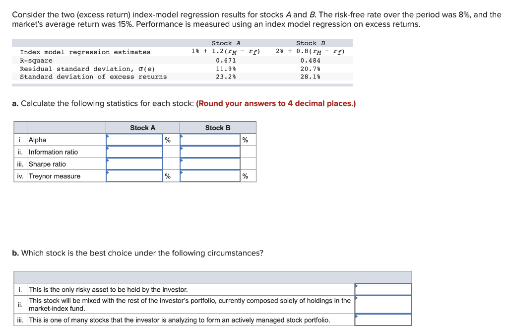 Consider the two (excess return) index-model regression results for stocks A