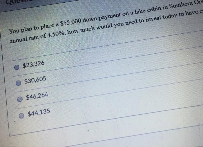  You plan to place a $55,000 down payment on a lake