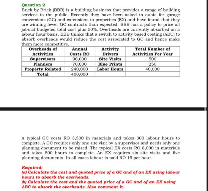  Question 2 Brick by Brick (BBB) is a building business that