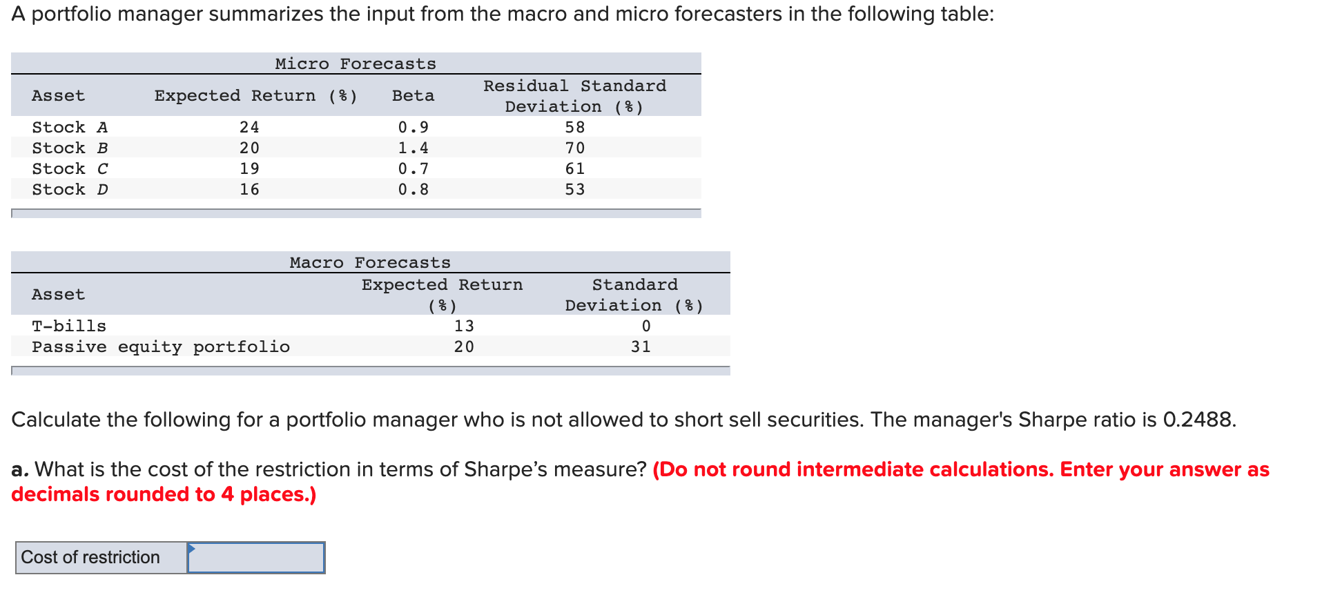 Please show work on excel A portfolio manager summarizes the input from