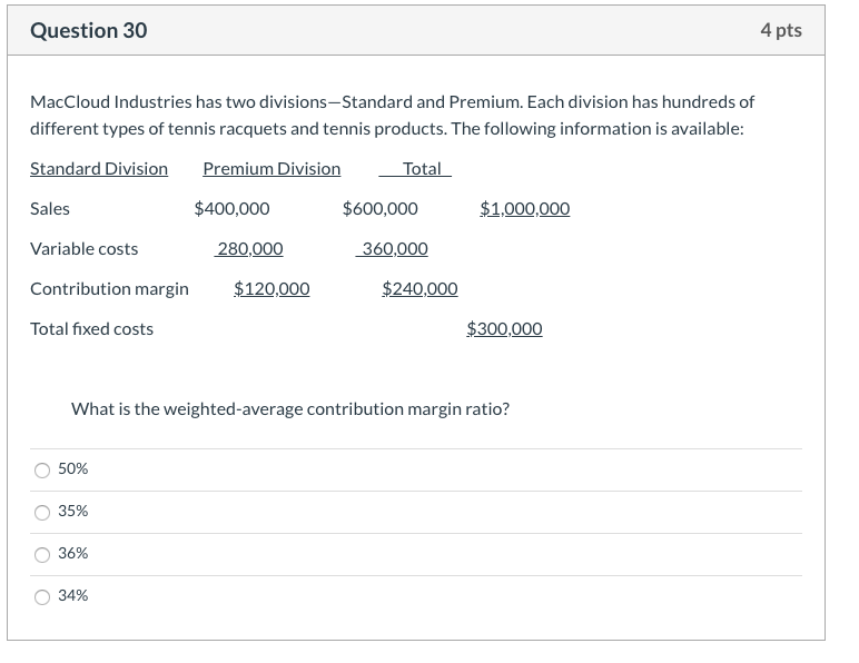  Question 30 4 pts MacCloud Industries has two divisions-Standard and Premium.