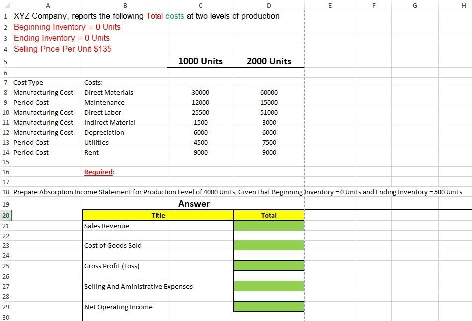 Cost Accounting B D E E F G H A 1 XYZ