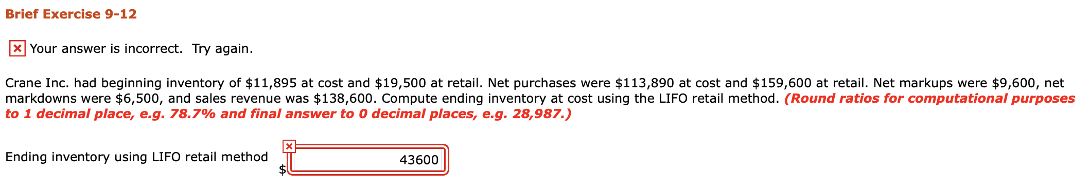  Brief Exercise 9-12 * Your answer is incorrect. Try again. Crane