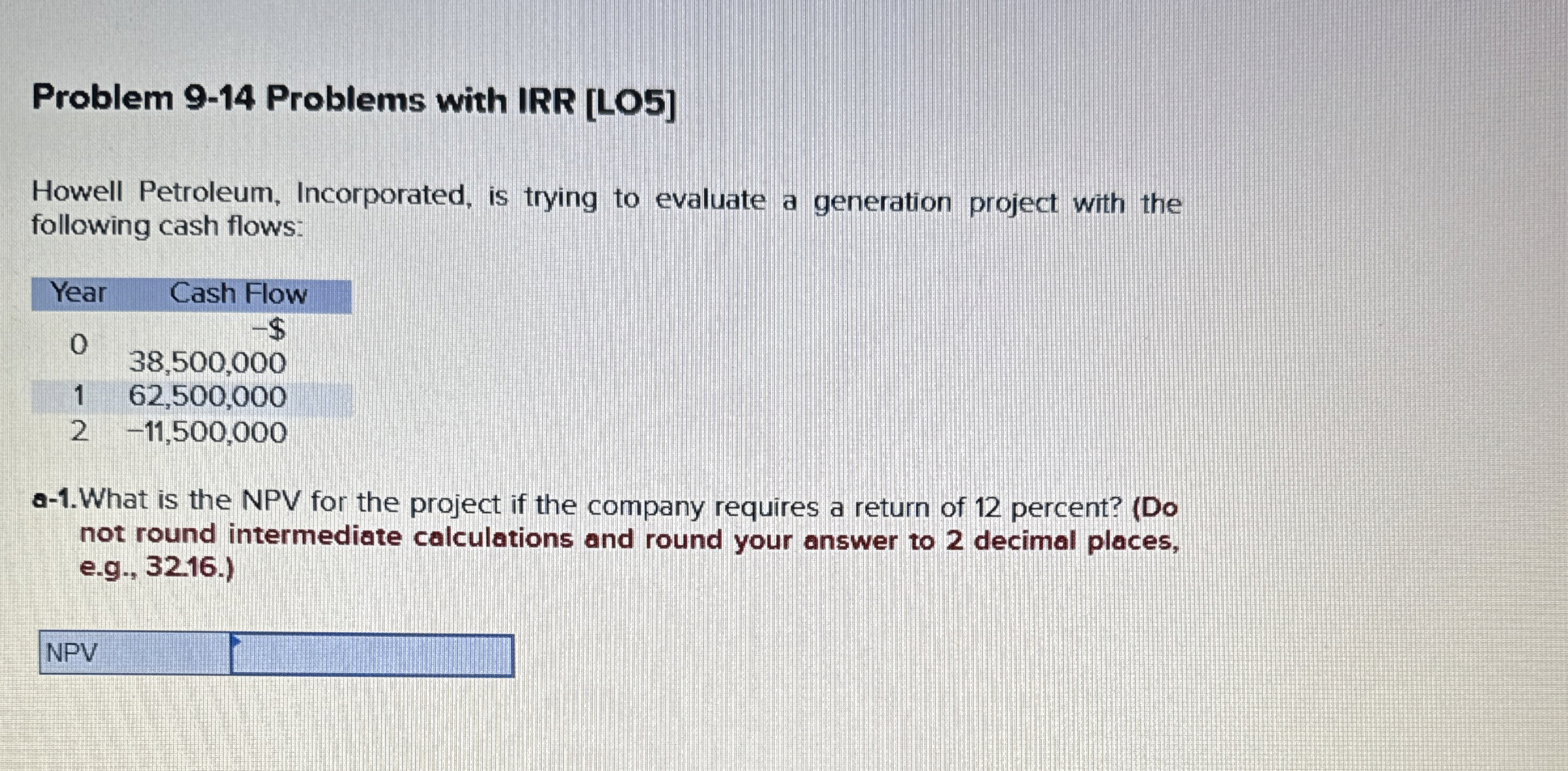  Problem 9-14 Problems with IRR [LO5] Howell Petroleum, Incorporated, is trying
