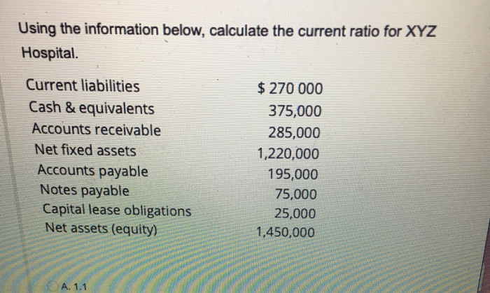  Using the information below, calculate the current ratio for XYZ Hospital.