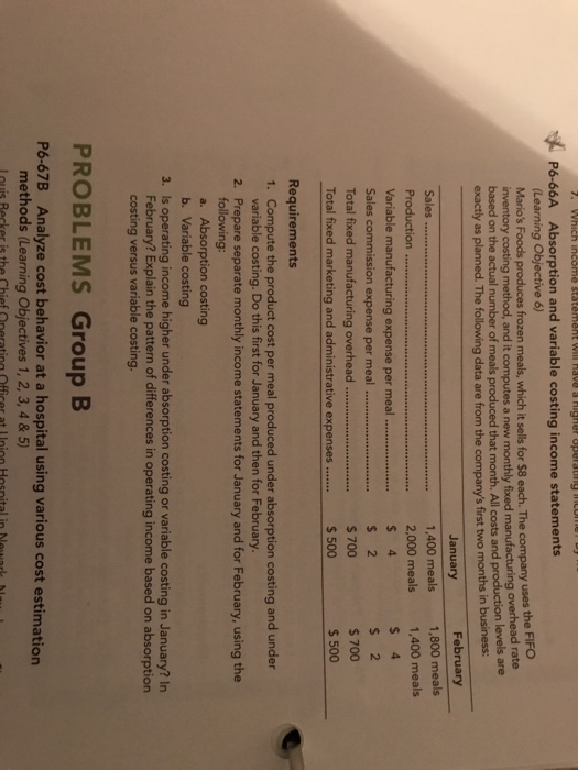  Absorption and variable costing income statements (Learning Objective 6) Mario's Foods