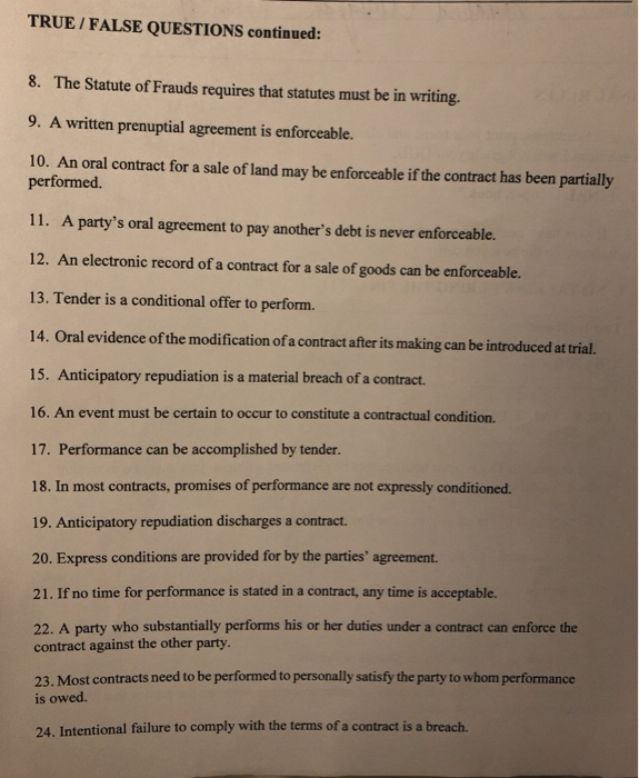 solve true or false TRUE / FALSE QUESTIONS continued: 8. The Statute