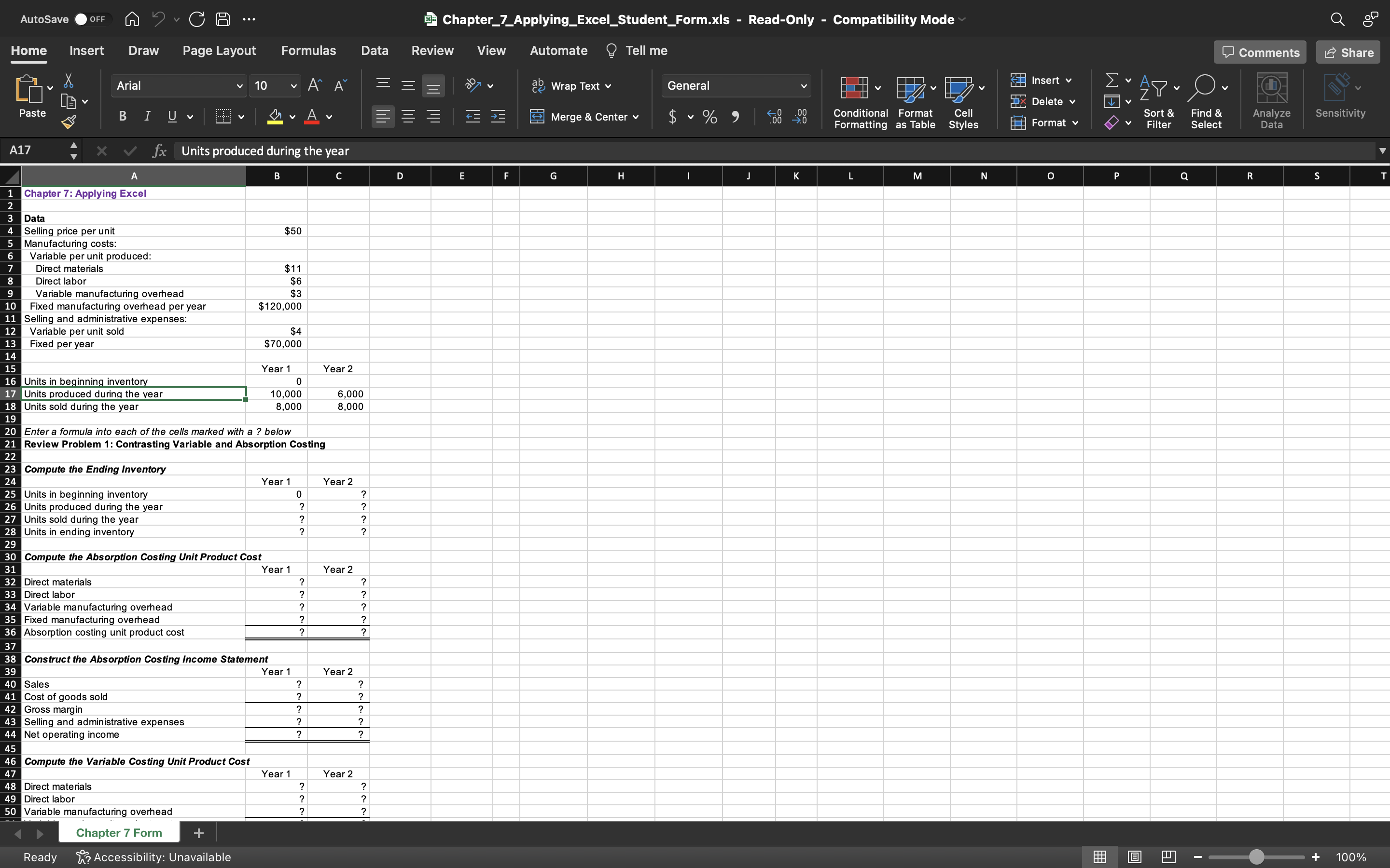  AutoSave Off Chapter_7_Applying_Excel_Student_Form.xis - Read-Only - Compatibility Mode Home Insert Draw