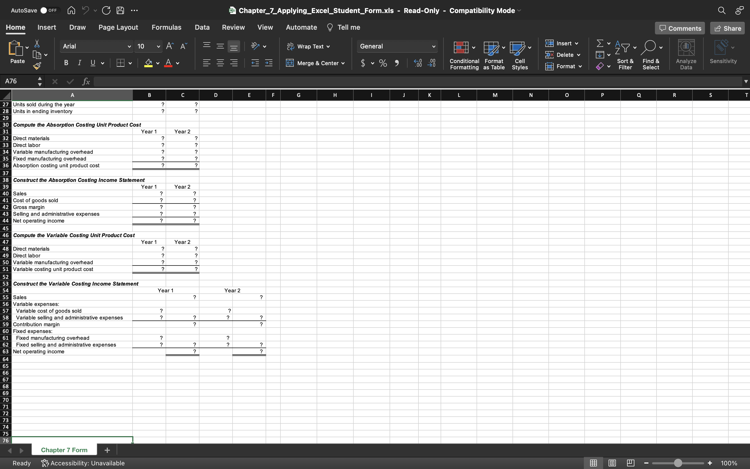 Page Layout Formulas Data Review View Automate @ Tell me Variable manufacturing