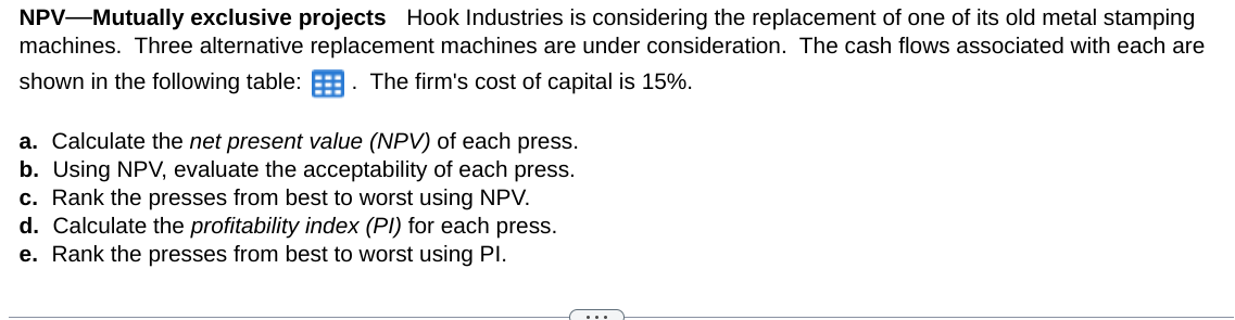 please answer a-e NPV-Mutually exclusive projects Hook Industries is considering the replacement