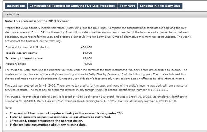  Instructions Computational Template for Applying Five-Step Procedure Form 1041 Schedule K-1