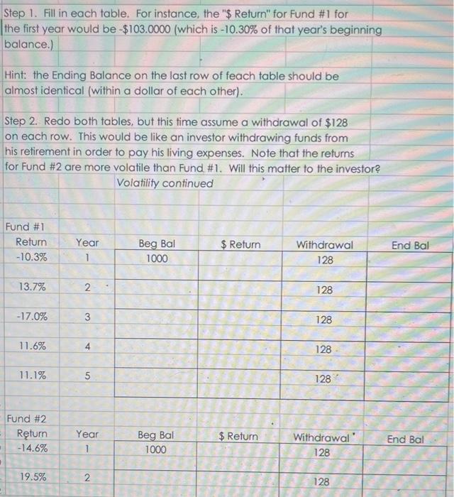 returns as shown below. Fund \#1 \begin{tabular}{|c|c|c|c|c|c|} \hline Return & Year &