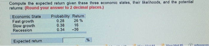  Compute the expected return given these three economic states, their likelihoods,