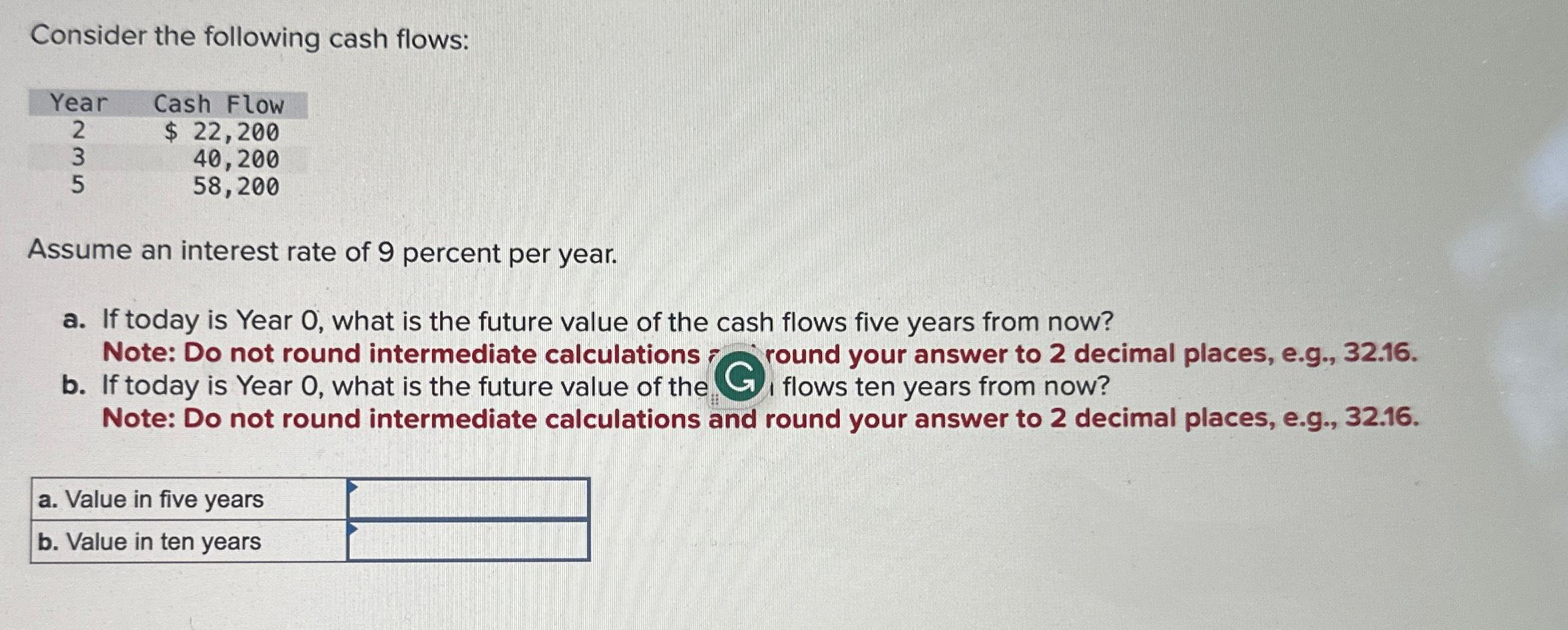  Consider the following cash flows: \table[[Year,Cash Flow],[2,$22,200 