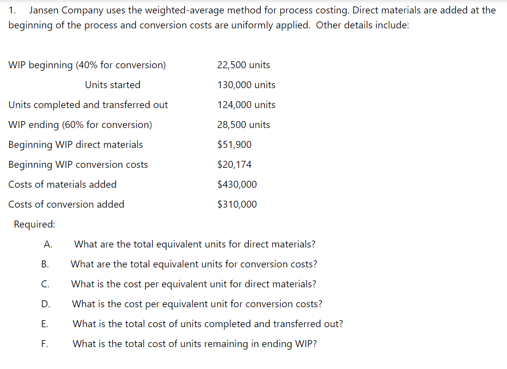 1. Jansen Company uses the weighted-average method for process costing. Direct