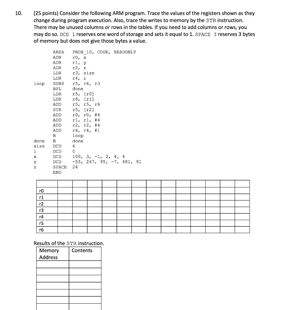  (25 points) Consider the following ARM program. Trace the values of