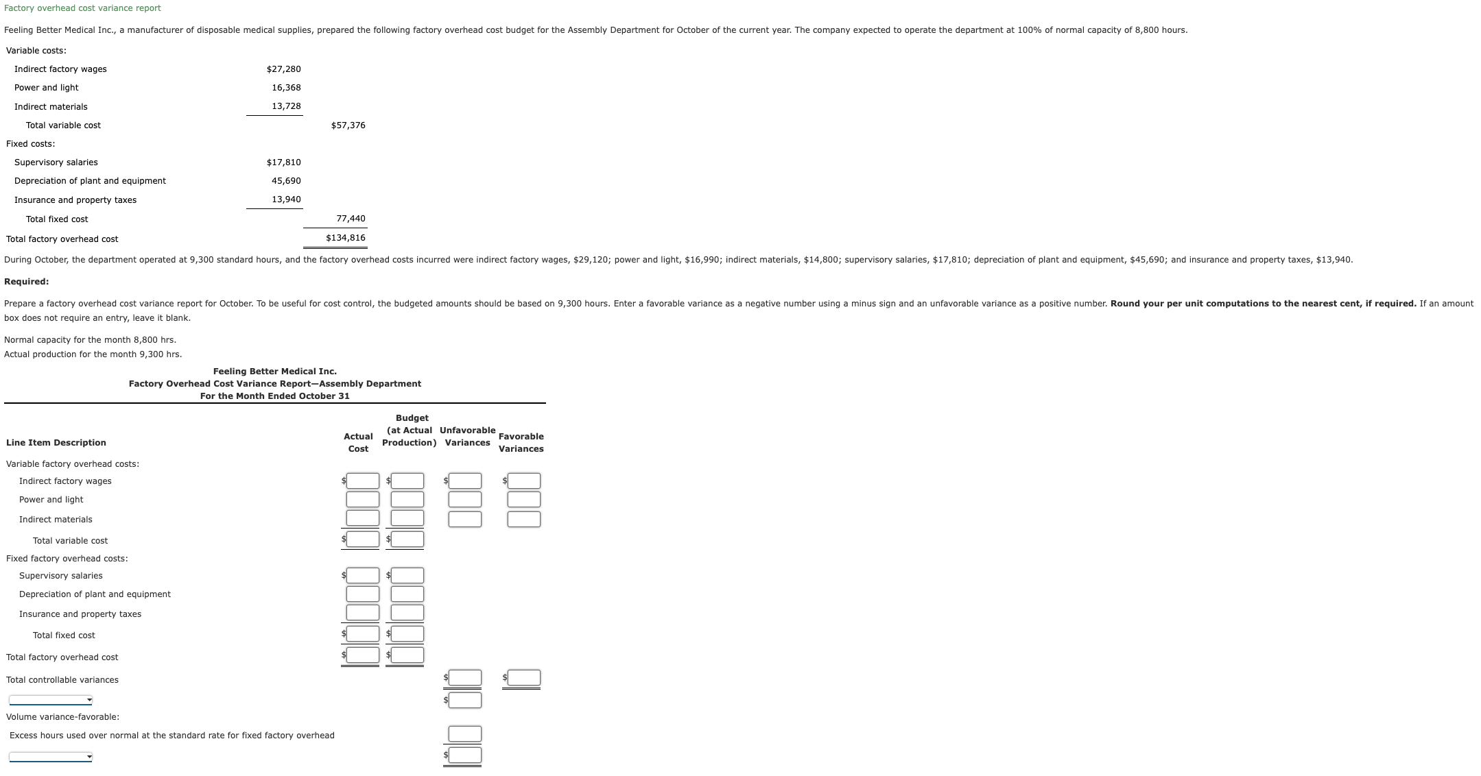  Factory overhead cost variance report Variable costs: Required: box does not