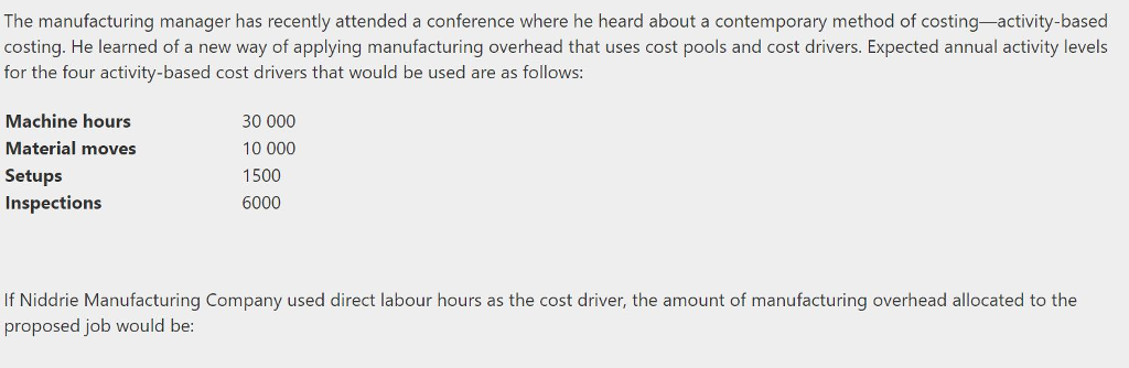 theory, however keep getting the wrong answer The Niddrie Manufacturing Company has