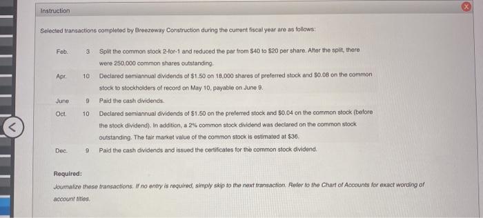  please complete journal Instruction Selected transactions completed by Breezoway Construction during