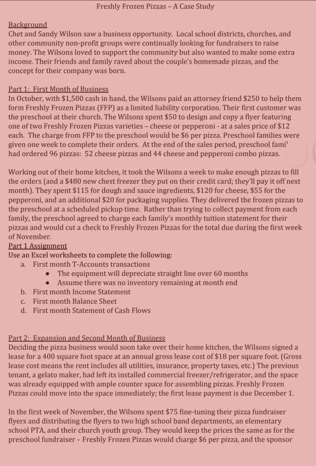 Refer to Part 2 and answer Part 2 Assignment: Freshly Frozen Pizzas