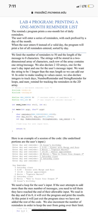  program need to be in c language. thank you LTE moodie2.mcneese.edu