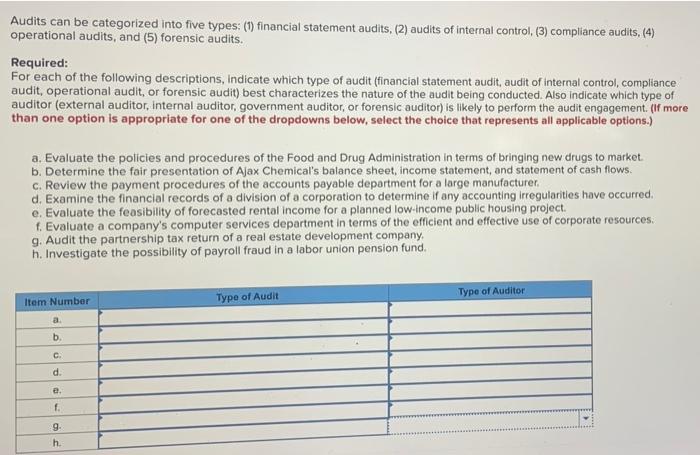  Audits can be categorized into five types: (1) financial statement audits,