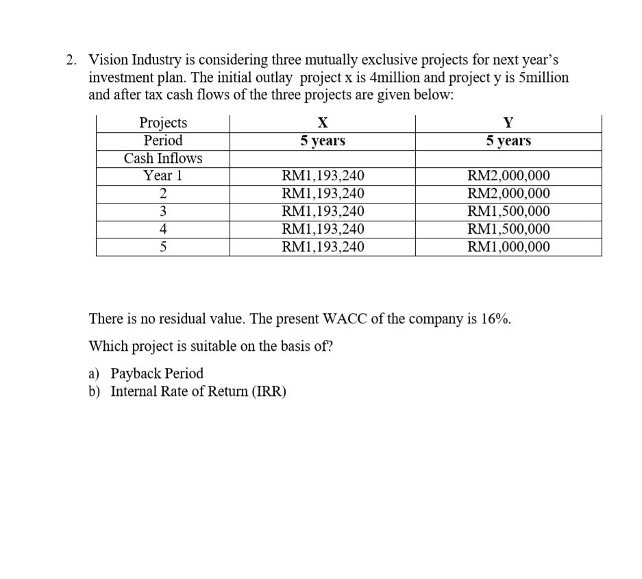  2. Vision Industry is considering three mutually exclusive projects for next