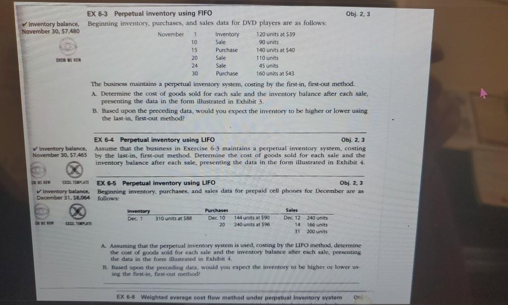 EX 6-3 Perpetual inventory using FIFO Obj. 2, 3 Inventory balance.