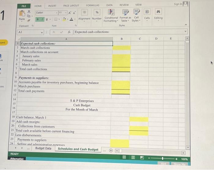 Budget and the related Schedules for Expected cash collections and Payments to