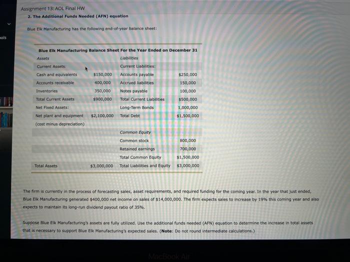  Assignment 13: AOL. Final HW 2. The Additional Funds Needed (AFN)