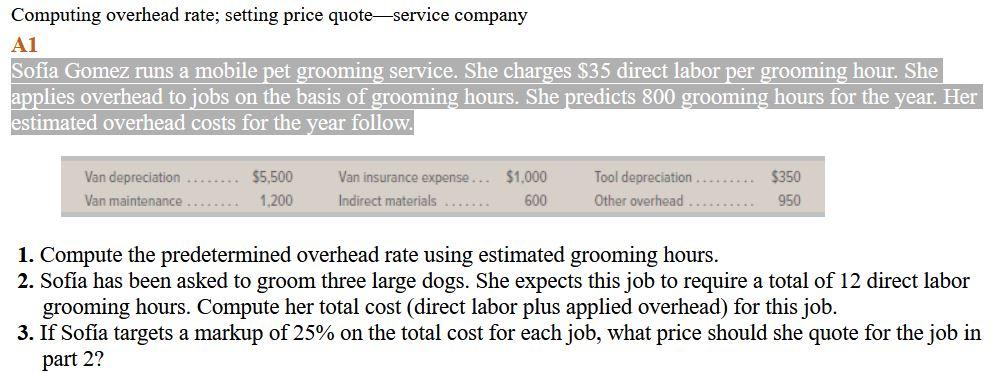 Computing overhead rate; setting price quote service company A1 Sofia Gomez