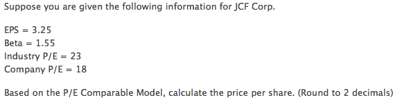  Based on the P/E comparable model, calculate the price per share