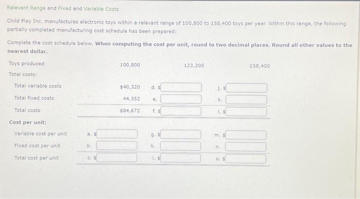  pls help! Relevant Range and Fixed and Variable Costs Child Play