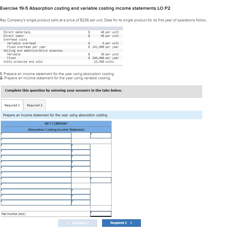 Exercise 19-5 Absorption costing and variable costing income statements LO P2
