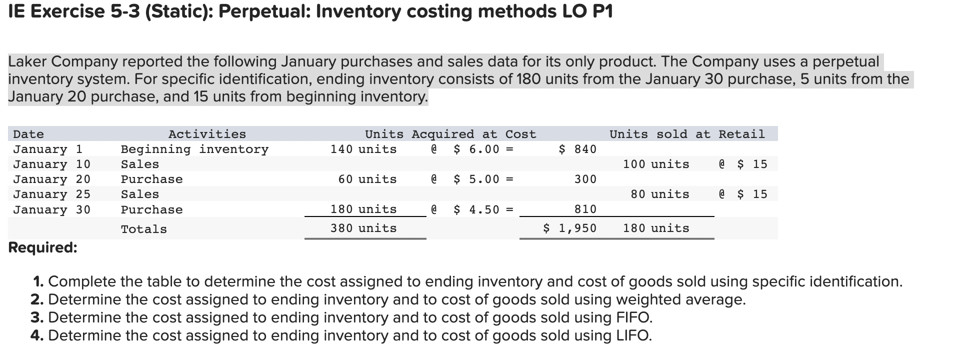 IE Exercise 5-3 (Static): Perpetual: Inventory costing methods LO P1 Laker