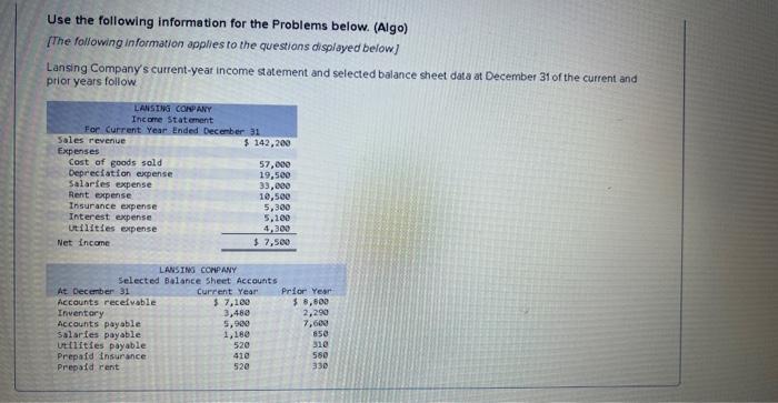  Use the following information for the Problems below. (Algo) [The following