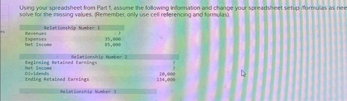  es Using your spreadsheet from Part 1, assume the following information